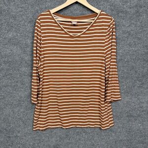 Chico's Size 3 US XL Top Shirt Brown White Stripe Jersey 3/4 Sleeves Casual‎